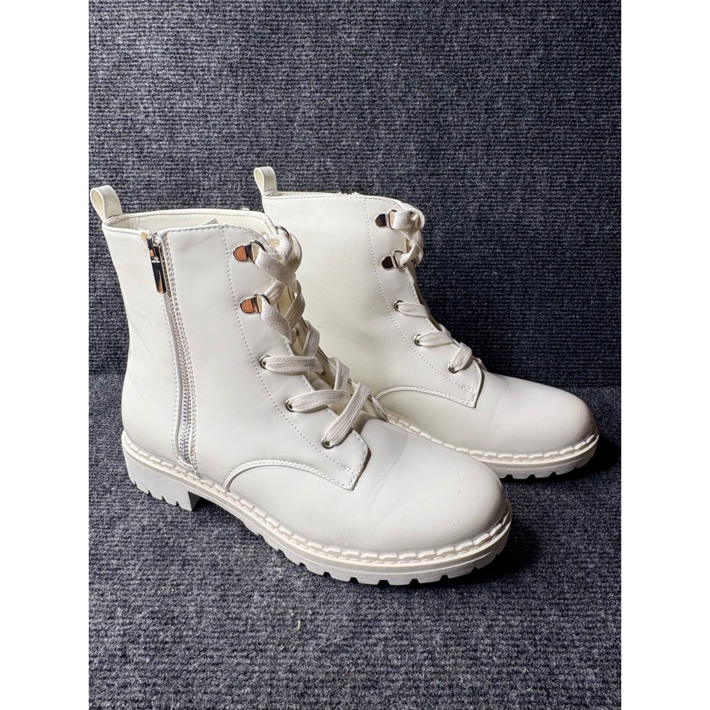 ShoeDazzle Dont Let Me Go White Combat Boots Womens 8.5 Lug Sole Lace Up Zip Up